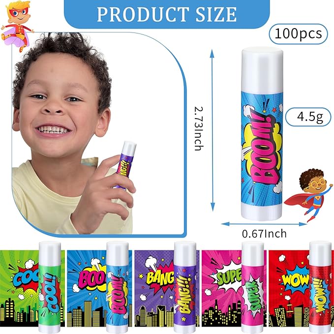 100 Pcs Hero Party Favors Lip Balms Bulk for Kids Birthday Party Moisturizing Lip Balm for Hero Themed Celebration Gifts Lip Care Products for Classroom Rewards Favor Party Supplies-Velvo Beauty