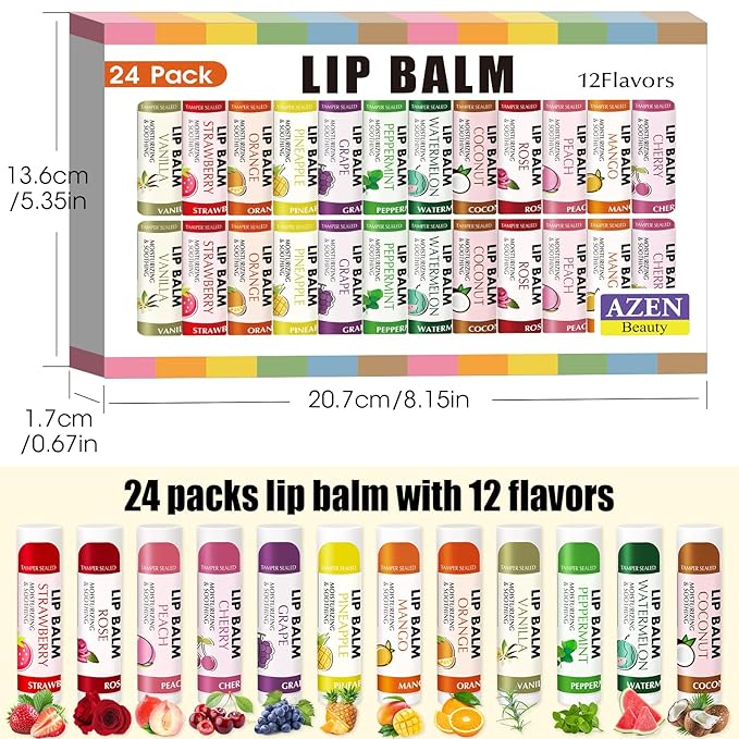 AZEN 24 Pack Lip Balm Stocking, Natural Lip Balm Bulk, Moisturizing Lip Balm for Dry Lips-Velvo Beauty