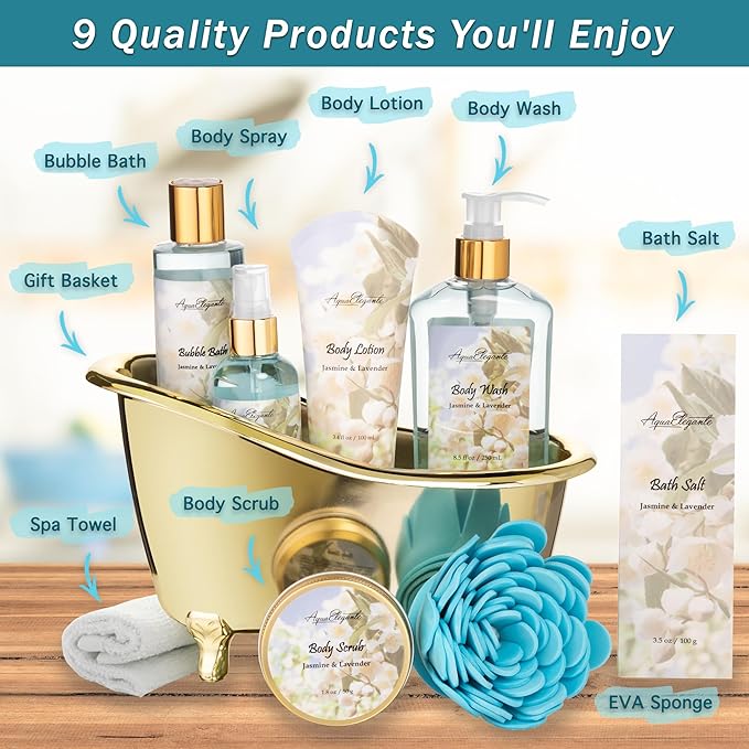 Spa Gift Baskets For Women - Luxury Bath Set With Jasmine & Lavender - Spa Kit Includes Body Wash, Bubble Bath, Lotion, Bath Salts, Body Scrub, Body Spray, Shower Puff, and Towel-Velvo Beauty