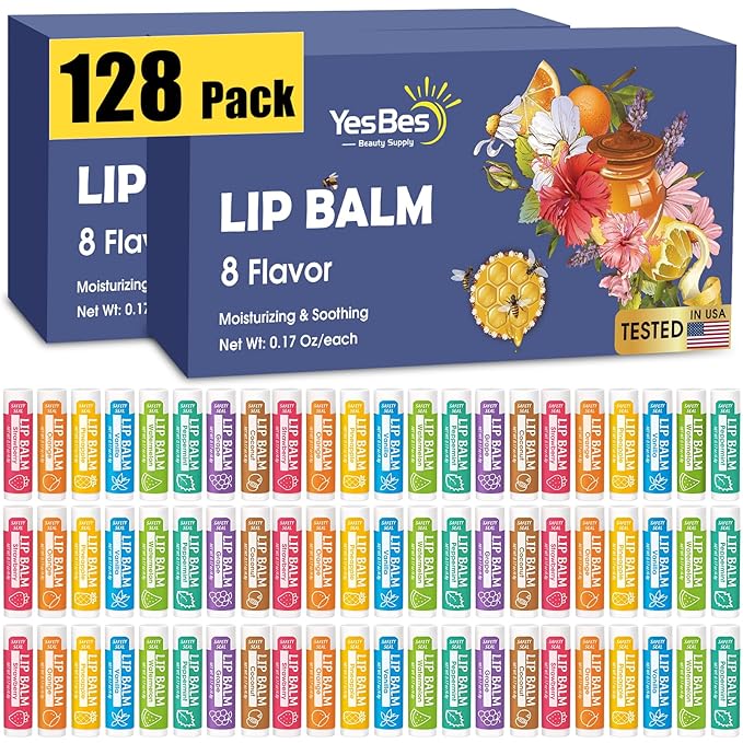 128 Pack Lip Balm, Natural Lip Balm Bulk with Vitamin E and Coconut Oil, Moisturizing Lip Balm for Dry Cracked Lips, Lip Balm for Stocking Stuffers - 8 Flavors-Velvo Beauty