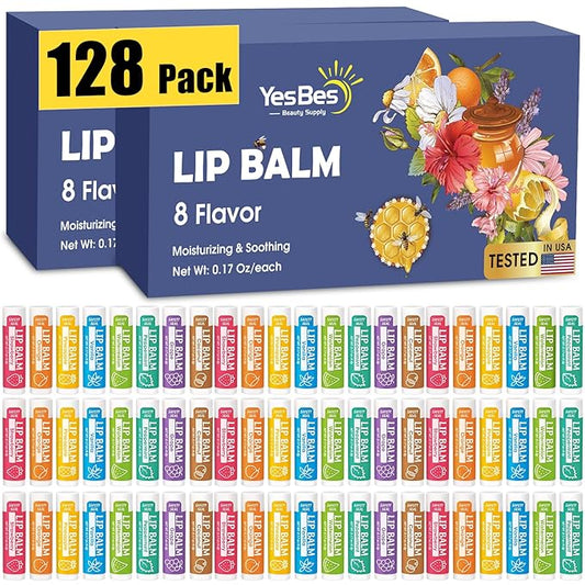 128 Pack Lip Balm, Natural Lip Balm Bulk with Vitamin E and Coconut Oil, Moisturizing Lip Balm for Dry Cracked Lips, Lip Balm for Stocking Stuffers - 8 Flavors-Velvo Beauty