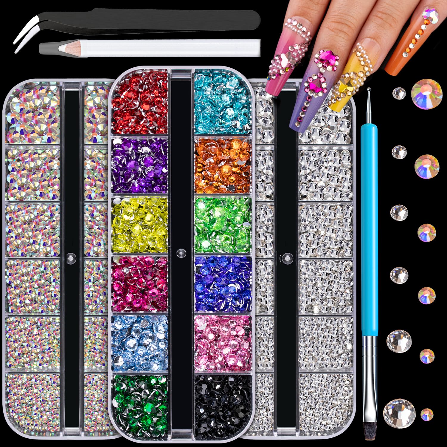 Rhinestones for Nails, Manicure Gem, Flatback Glass Crystal AB + Transparent Clear Gemstones and Colorful Resin Beads, 2-5mm Round Gems for Professional Salon DIY Nail Art with Pickup & Dotting Tools-Velvo Beauty
