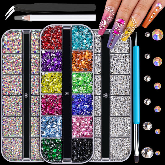 Rhinestones for Nails, Manicure Gem, Flatback Glass Crystal AB + Transparent Clear Gemstones and Colorful Resin Beads, 2-5mm Round Gems for Professional Salon DIY Nail Art with Pickup & Dotting Tools-Velvo Beauty