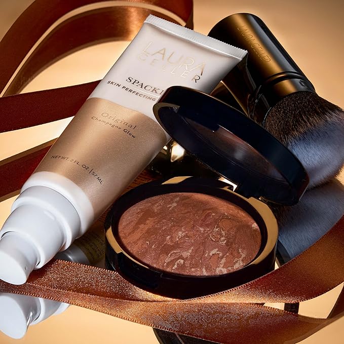 LAURA GELLER NEW YORK Ready-n-Radiant Kit (3 PC) - Baked Bronze-n-Brighten, Deep + Spackle Super-Size Skin Perfecting Primer, Champagne Glow + Retractable Angled Kabuki Brush-Velvo Beauty