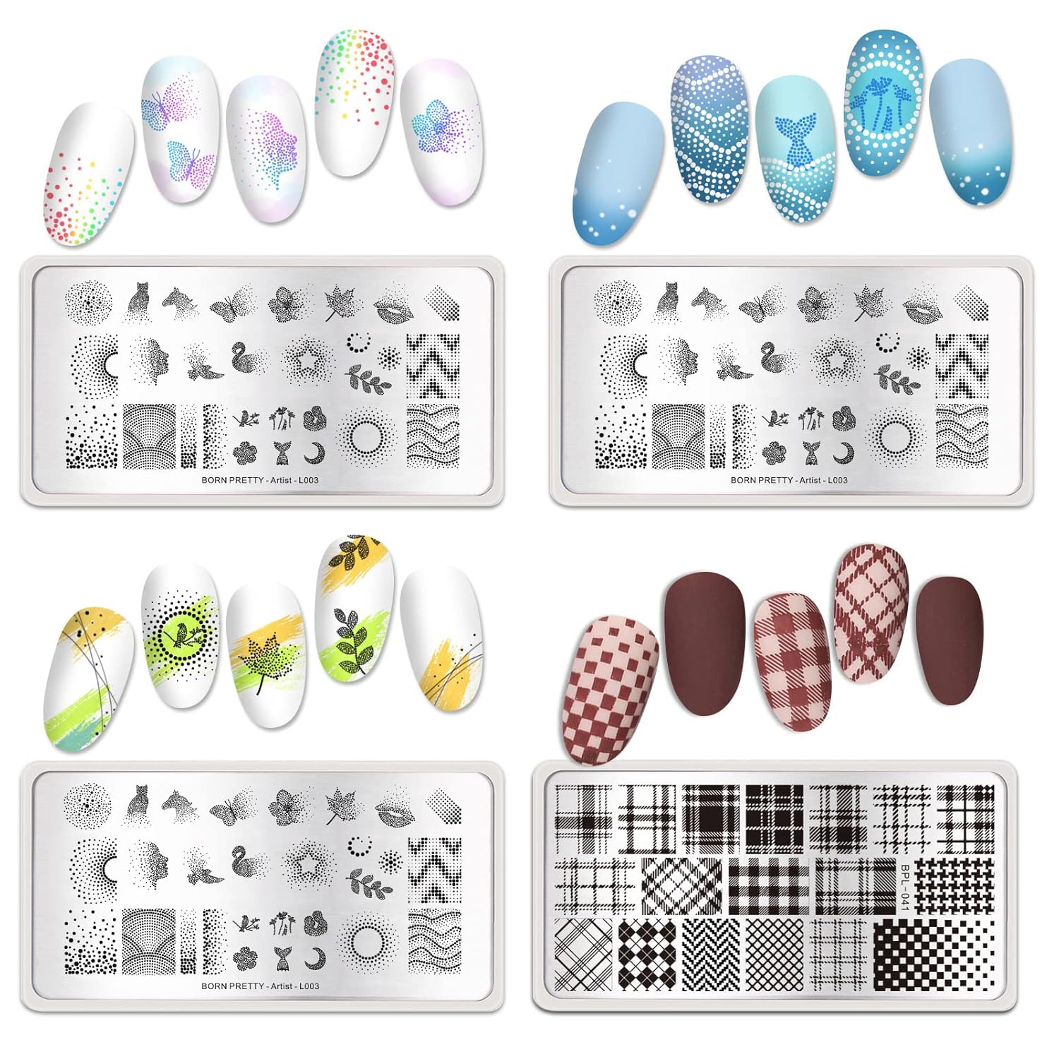Born Pretty Nail Stamping Plates Set Plaid Flowers Leaves Lace Nail Art Image Plates Spring into Winter Stamp Templates Kit Image Manicuring DIY Printing Tools 8PCS-Velvo Beauty