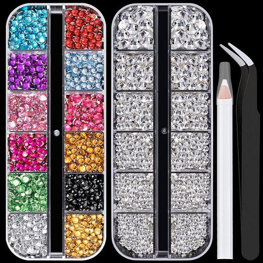 Flat Back Rhinestone Kits Colorful Rhinestones+Transparent White Gems With Picker Pencil And Tweezer For Home DIY And Professional Nail Art-Velvo Beauty