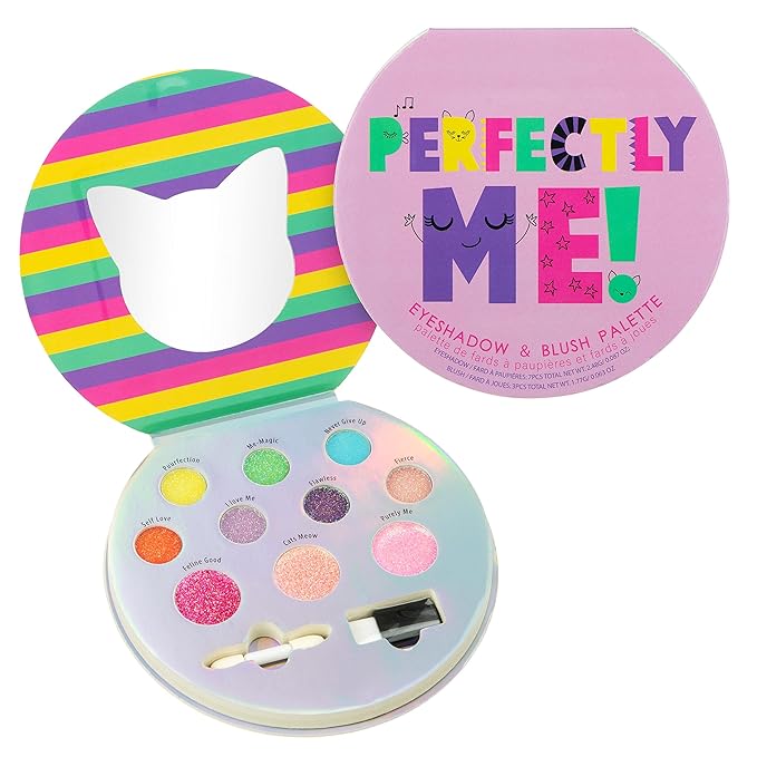 Expressions Perfectly Me Glisten & Glitter Makeup Palette 10 Color Eyeshadow Palette & Blush Makeup Novelty Beauty Set, Fold Out Compact with Mirror, Cute Makeup Kit Gifts - Washable, Non-Toxic-Velvo Beauty