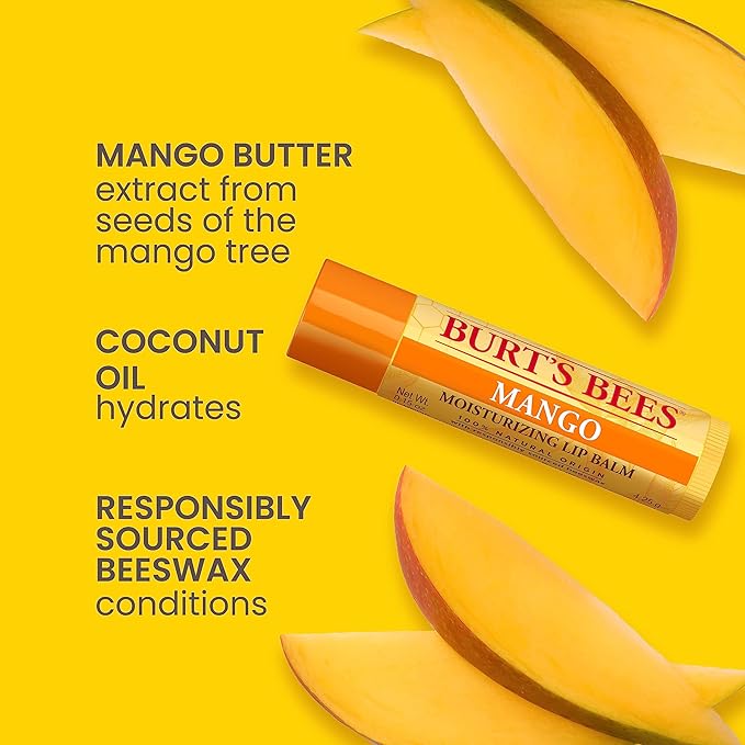 Burt's Bees Lip Balm - Pink Grapefruit, Mango, Coconut & Pear, and Pomegranate Pack, Lip Moisturizer With Beeswax, Tint-Free, Natural Origin Conditioning Lip Treatment, 4 Tubes, 0.15 oz.-Velvo Beauty