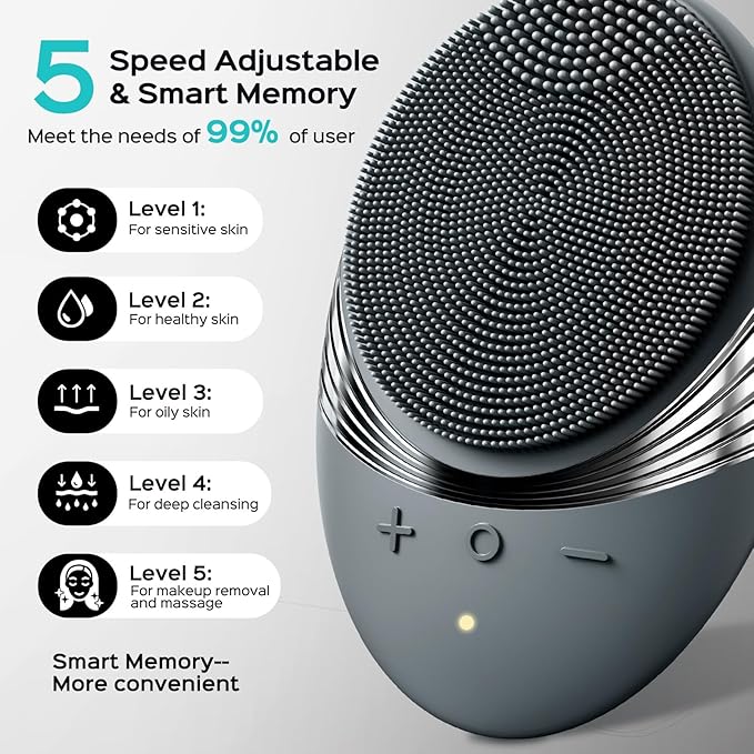 COSLUS Facial Cleansing Brush Face Scrubber : Portable Silicone Waterproof Rechargeable Face Wash Brush, 5 Cleansing Modes, Electric Deep Cleaning for Men & Women, Removing Blackhead, Exfoliating-Velvo Beauty