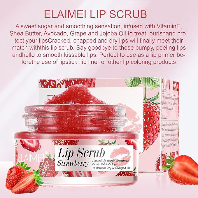 Lip Scrub, Exfoliator & Moisturizer, Lip Repair for Lush Soft Lips, Chapped Dry and Flaky Lips Treatment (Strawberry)-Velvo Beauty