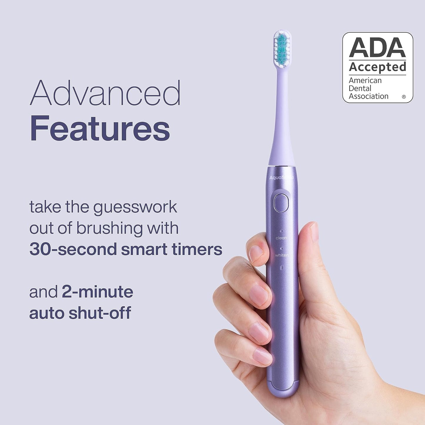 Aquasonic Icon ADA-Accepted Rechargeable Toothbrush | Magnetic Holder & Slim Travel Case | 2 Brushing Modes & Smart Timers | Gentle Micro-Vibrations (Lilac)-Velvo Beauty