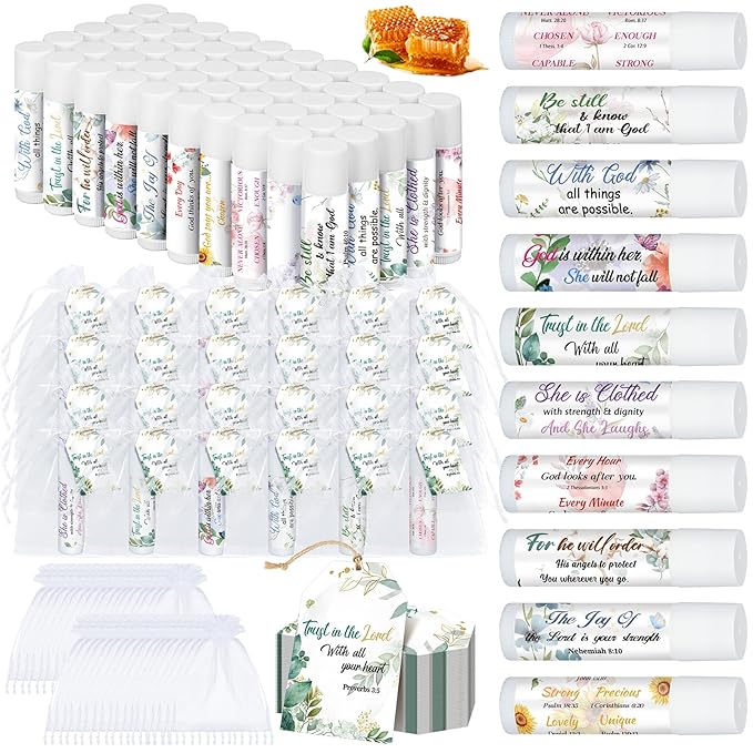 50 Sets Christian Gifts Bulk Lip Balms for Women Honey Religious Scripture Bible Verse Lip Balm Inspirational Motivational Thank you Gifts Floral Church Sunday School Party Favors-Velvo Beauty