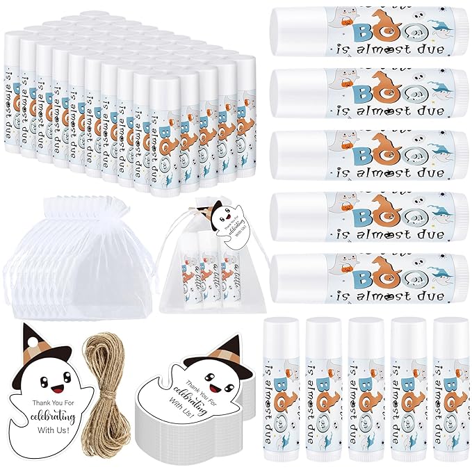 Demissle 50 Pcs Baby Shower Lip Balm Gift Set with 100 Pcs Organza Bags Baby Shower Party Favor for Guest Thank You Tag Rope Baby Shower Party Decoration Gender Reveal Souvenirs (Ghost)-Velvo Beauty