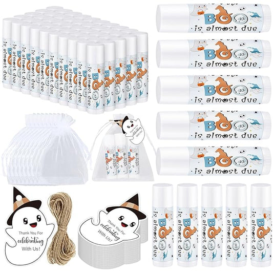 Demissle 50 Pcs Baby Shower Lip Balm Gift Set with 100 Pcs Organza Bags Baby Shower Party Favor for Guest Thank You Tag Rope Baby Shower Party Decoration Gender Reveal Souvenirs (Ghost)-Velvo Beauty