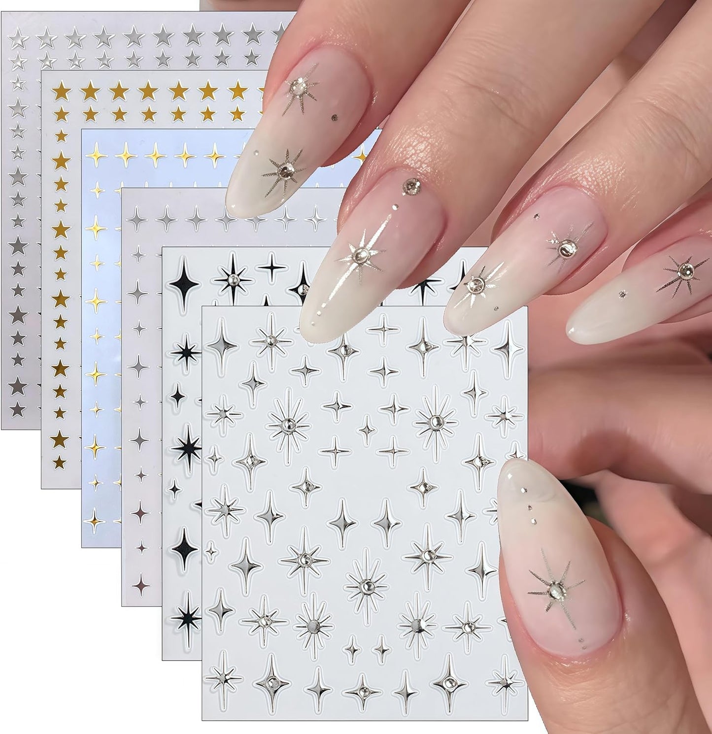 6Sheets Rhinestones Star Nail Art Stickers,3D Self-Adhesive Glitter Gold Silver White Black Stars Nail Art Design Decals Star Stickers for Acrylic Nails Art for Women Girls DIY Manicure Decorations-Velvo Beauty