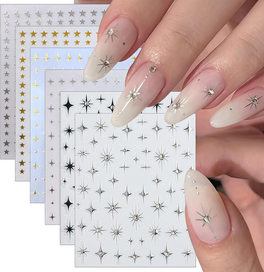 6Sheets Rhinestones Star Nail Art Stickers,3D Self-Adhesive Glitter Gold Silver White Black Stars Nail Art Design Decals Star Stickers for Acrylic Nails Art for Women Girls DIY Manicure Decorations-Velvo Beauty