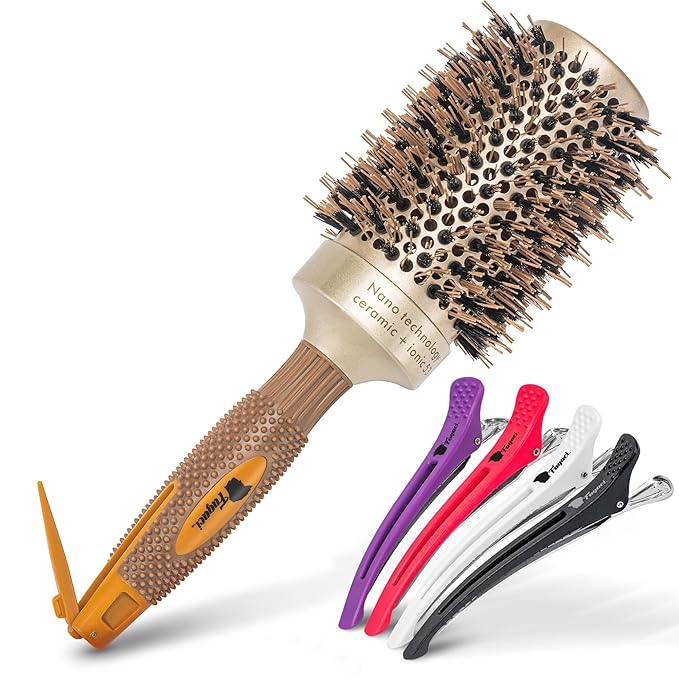 Fagaci Professional Large Round Brush with Natural Boar Bristles for Blow Drying, Nano Technology Ceramic+Ionic for Hair Styling, Volumizing and Healthy Hair - 4 Styling Clips Included-Velvo Beauty