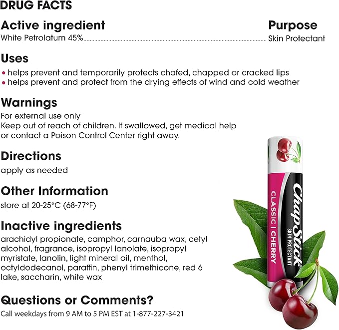 ChapStick Classic Cherry Lip Balm Tubes for Lip Care - 0.15 Oz (Pack of 3)-Velvo Beauty