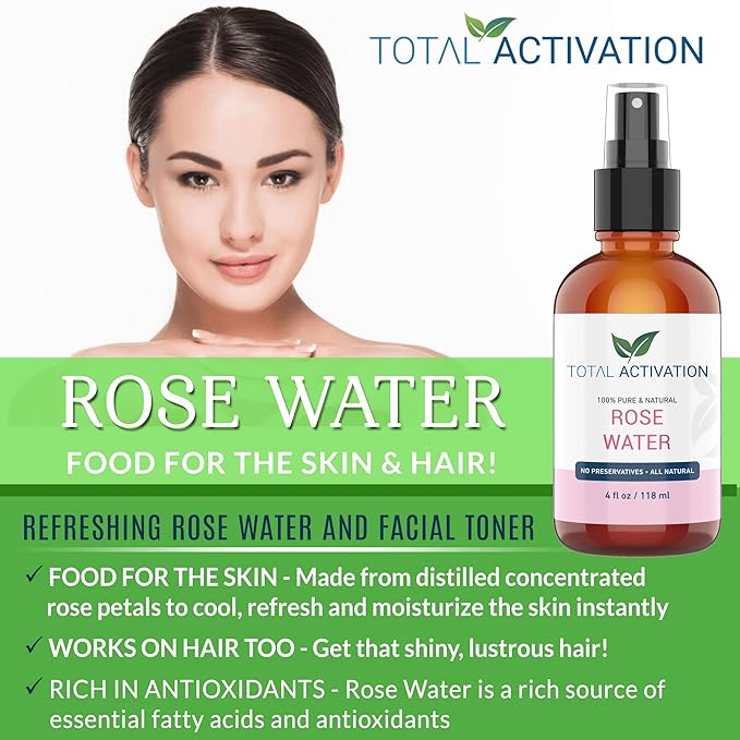 Large 4 oz 100% Pure, Organic Moroccan Rose Water Spray Face Toner, Skin Body Hair Spray, Eye Makeup Remover Alcohol Free Toner Minimizes Scar Hydrating Soothing Mist for Dry Oily Combination Skin-Velvo Beauty