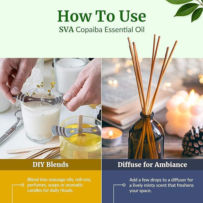 SVA Copaiba Essential Oil – 4 Fl Oz – 100% Natural Copaiba Oil - for Diffuser, Hair Care, Face, Skin Care, Aromatherapy, Scalp and Body Massage, Soap and Candle Making – with Dropper-Velvo Beauty