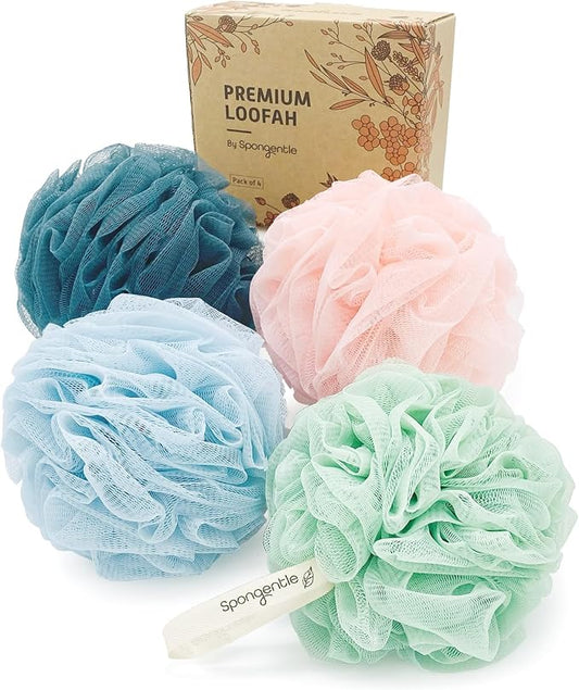 Spongentle Premium Deep Cleansing Loofah Sponge for Radiant Skin, Pack of 4, Bath and Shower, Exfoliating Body Scrubber, Beautiful Colors for Women and Men-Velvo Beauty