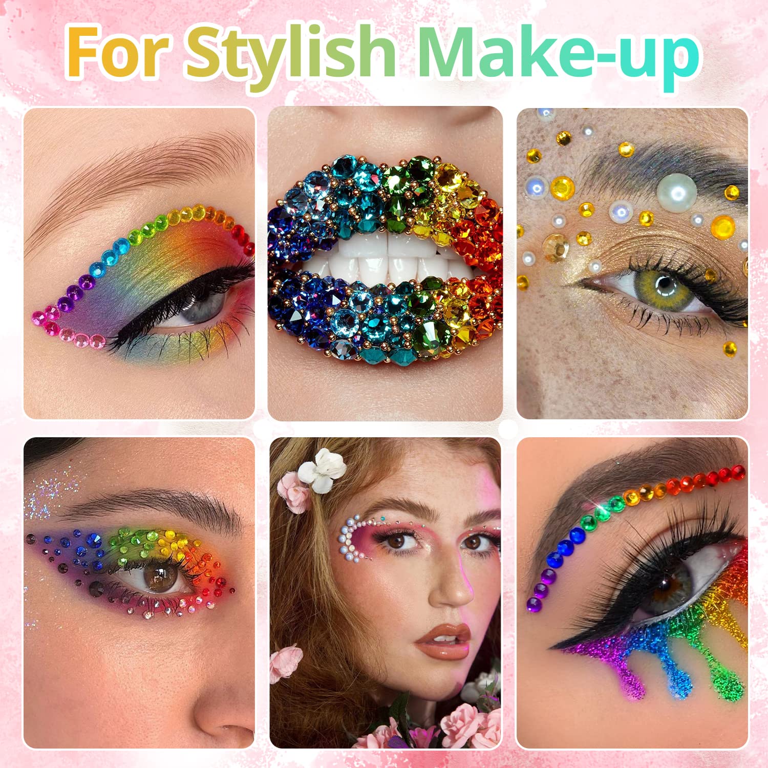 Colorful Flatback Face Gems and White AB Pearls for Makeup with Quick Dry Glue, Half Round Pearls Nail Art Rhinestones Glass Crystal Beads for Make-up Deco with Pickup Pencil + Tweezer-Velvo Beauty