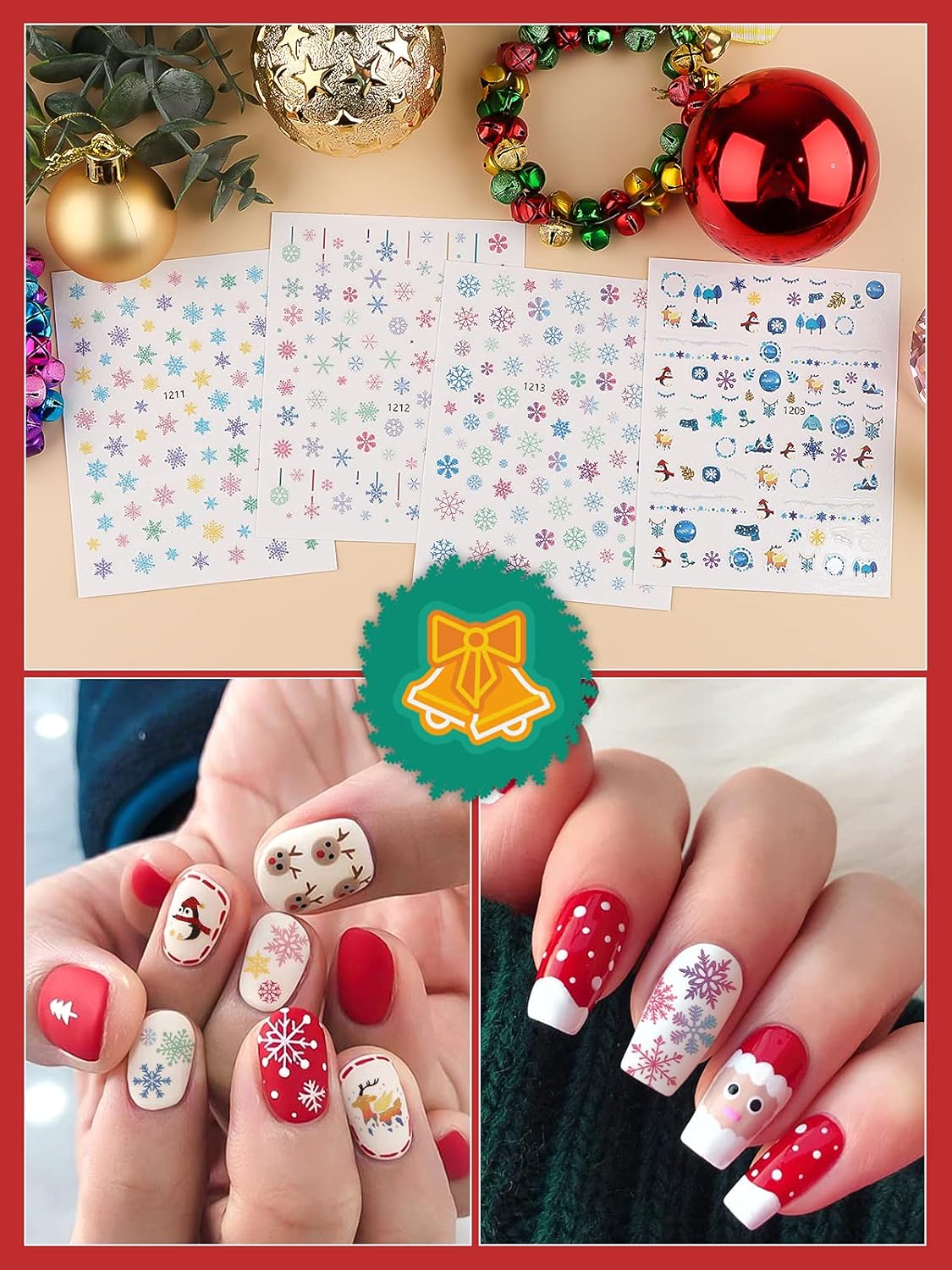 1000+ Patterns Christmas Nail Art Stickers Snowflake 3D Self-Adhesive Nail Decals, Kalolary Snowflake Santa Claus Snowman Christmas Stick Elk for Christams Nail Decorations for Women Kids-Velvo Beauty