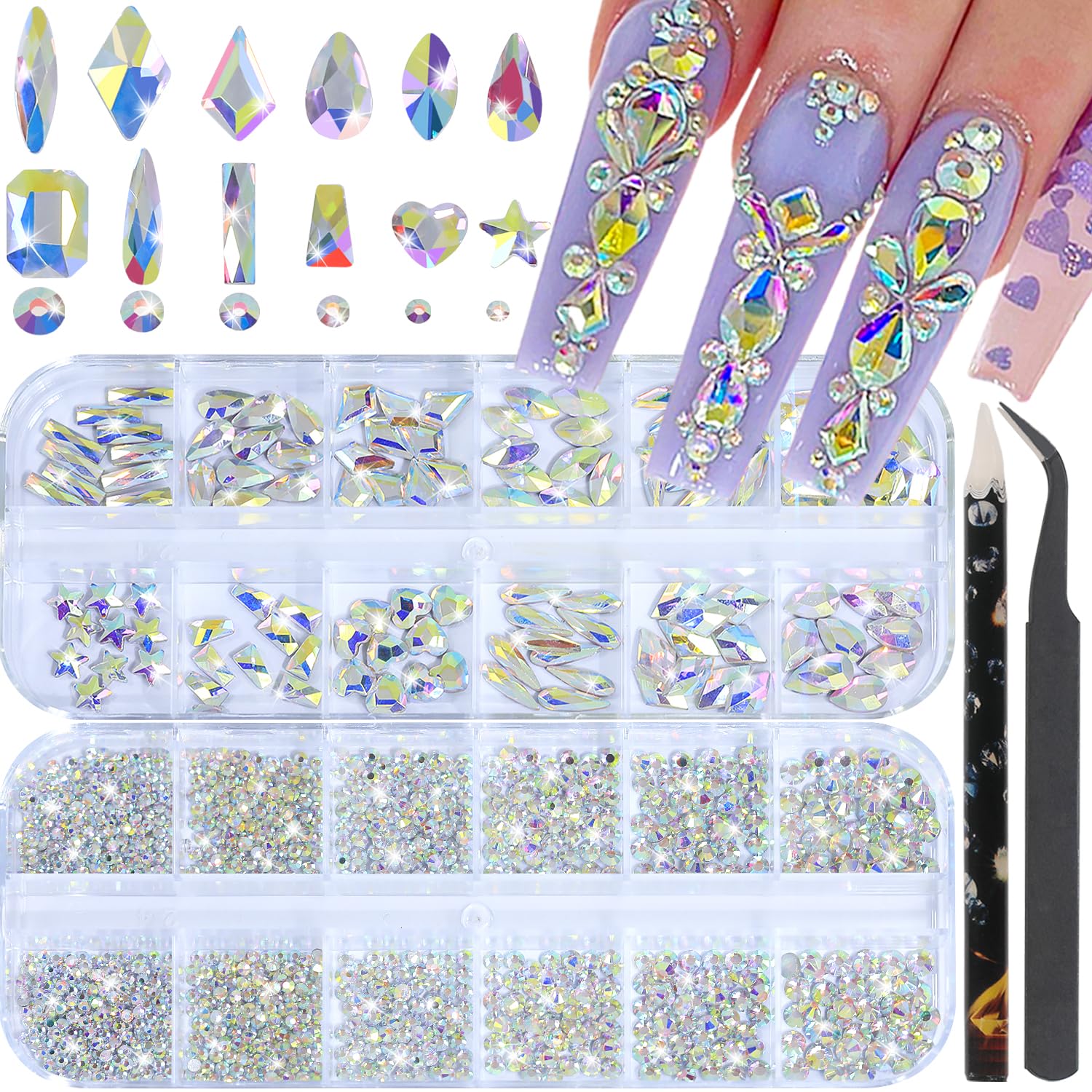 HNUIX Nail Rhinestones - 3D Multi Shape Size, AB Crystal Nail Gems and Charms, Flat Back, with Kit, for Nail Art, DIY Decorations-Velvo Beauty