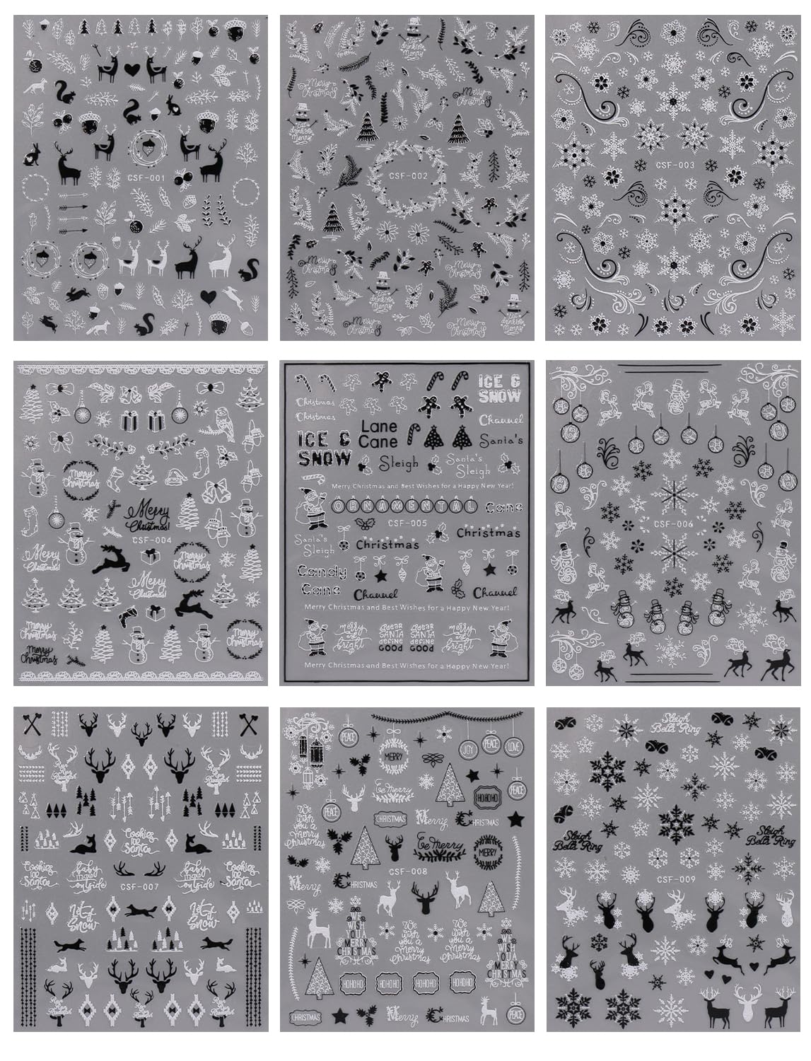 JMEOWIO 9 Sheets Christmas Glitter Nail Art Stickers Decals Self-Adhesive White Black Nail Supplies Nail Art Design Decoration Accessories-Velvo Beauty