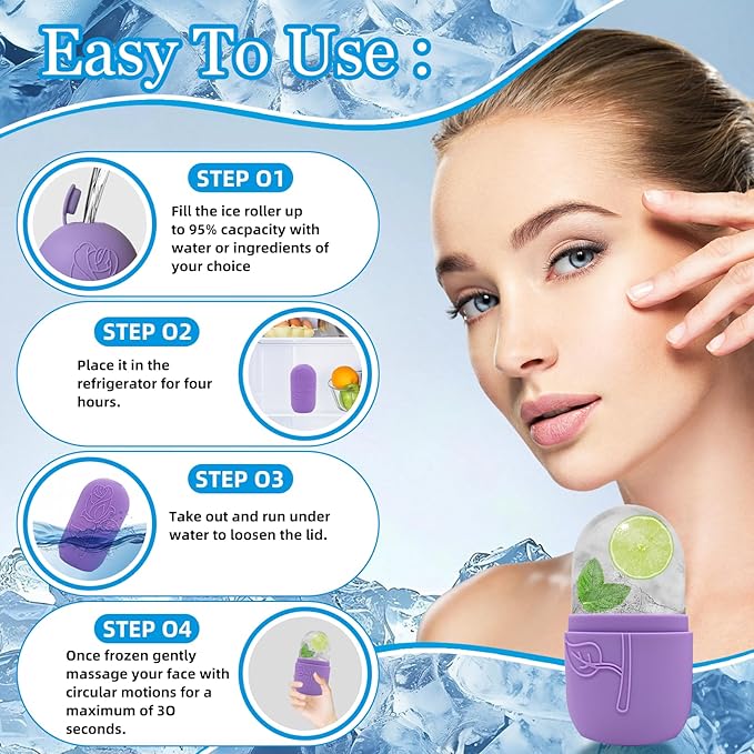 Ice Face Roller Massager for Face, Reusable Silicone Ice Cube Mold, Facial Beauty Ice Roller, Reduce Puffiness and Dark Circles, Minimize Pores & Improve Skin Texture (Purple)-Velvo Beauty
