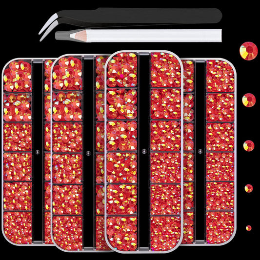 7000PCS Resin Rhinestones with Tweezers for Crafting, 2/3/4/5/6mm Flatback Jelly Rhinestones, 4 Box Red AB Non Hotfix Crystal Gems for DIY Crafts Mugs Tumblers Clothes Makeup Nail-Velvo Beauty