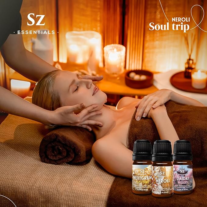 Neroli Soul Trip Essential Oils Collection- Neroli + Petitgrain Sur Fleurs + Dai Dai Blossom -Set of 3 Bottles (0.17 Fl Oz- 5ml each)- 100% Pure & Undiluted - Therapeutic Grade & Vegan-Velvo Beauty