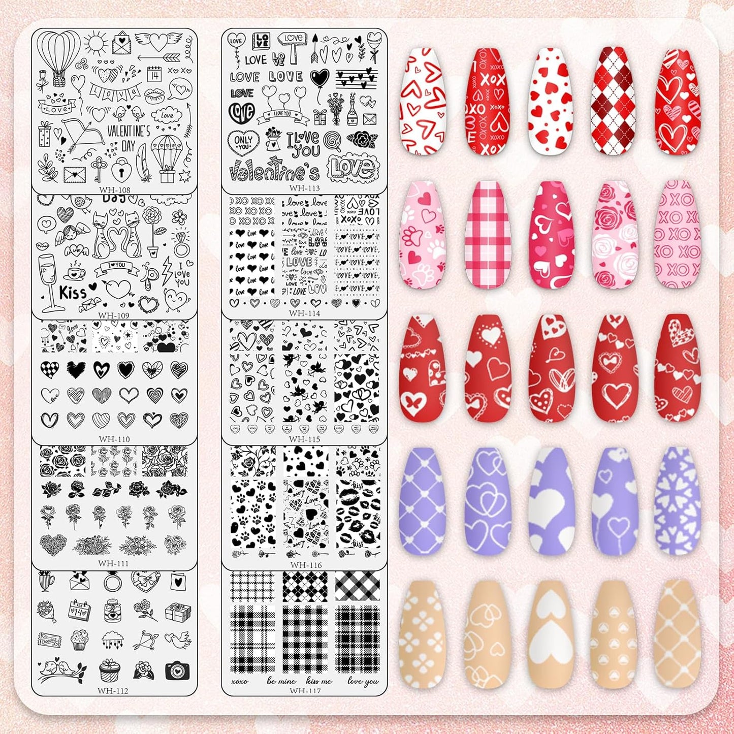 Whaline 10Pcs Valentine's Day Nail Art Stamping Plate Kit Romantic Love Heart Rose Design Nair Art Plate for Wedding Anniversary DIY Print Manicure Salon-Velvo Beauty