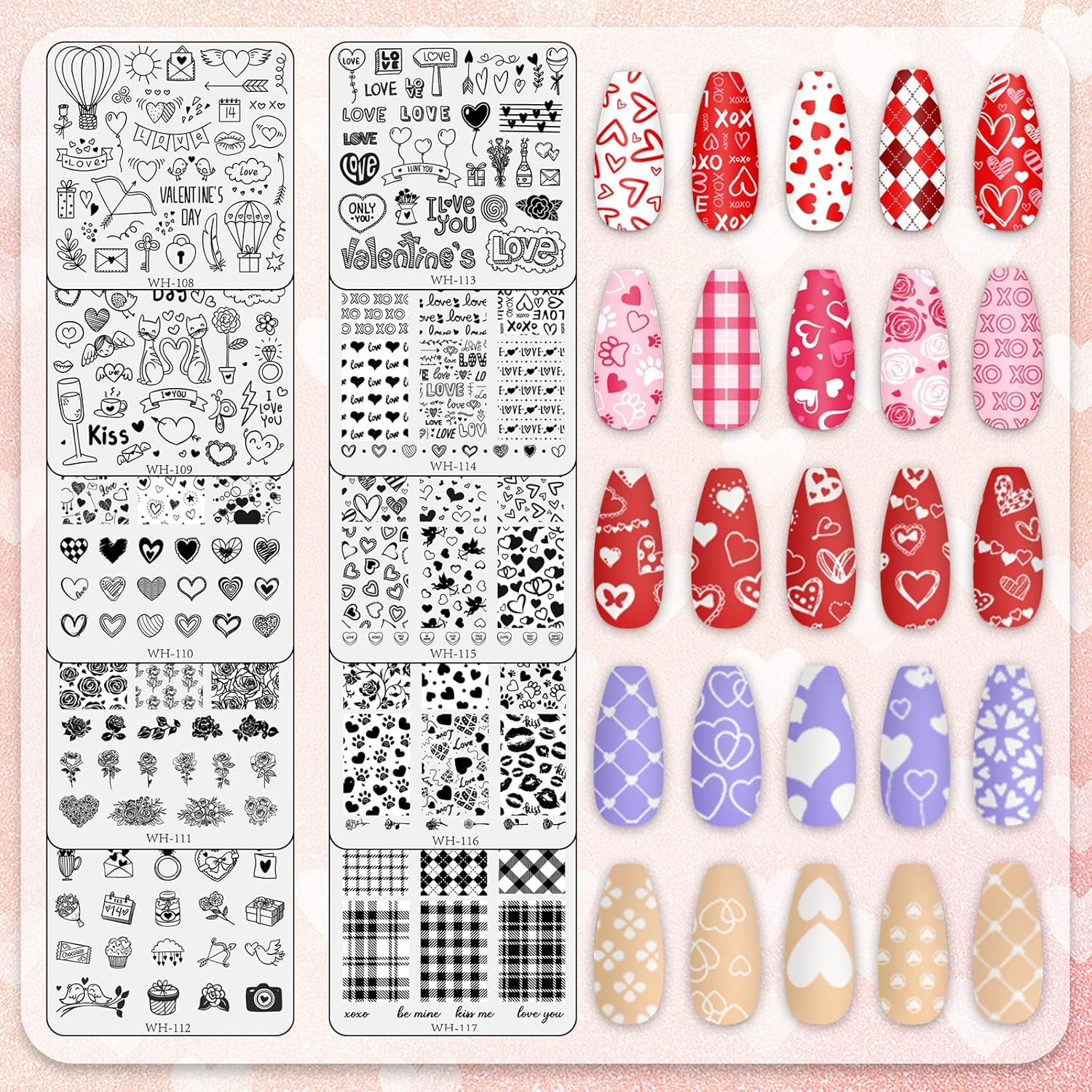 Whaline 10Pcs Valentine's Day Nail Art Stamping Plate Kit Romantic Love Heart Rose Design Nair Art Plate for Wedding Anniversary DIY Print Manicure Salon-Velvo Beauty