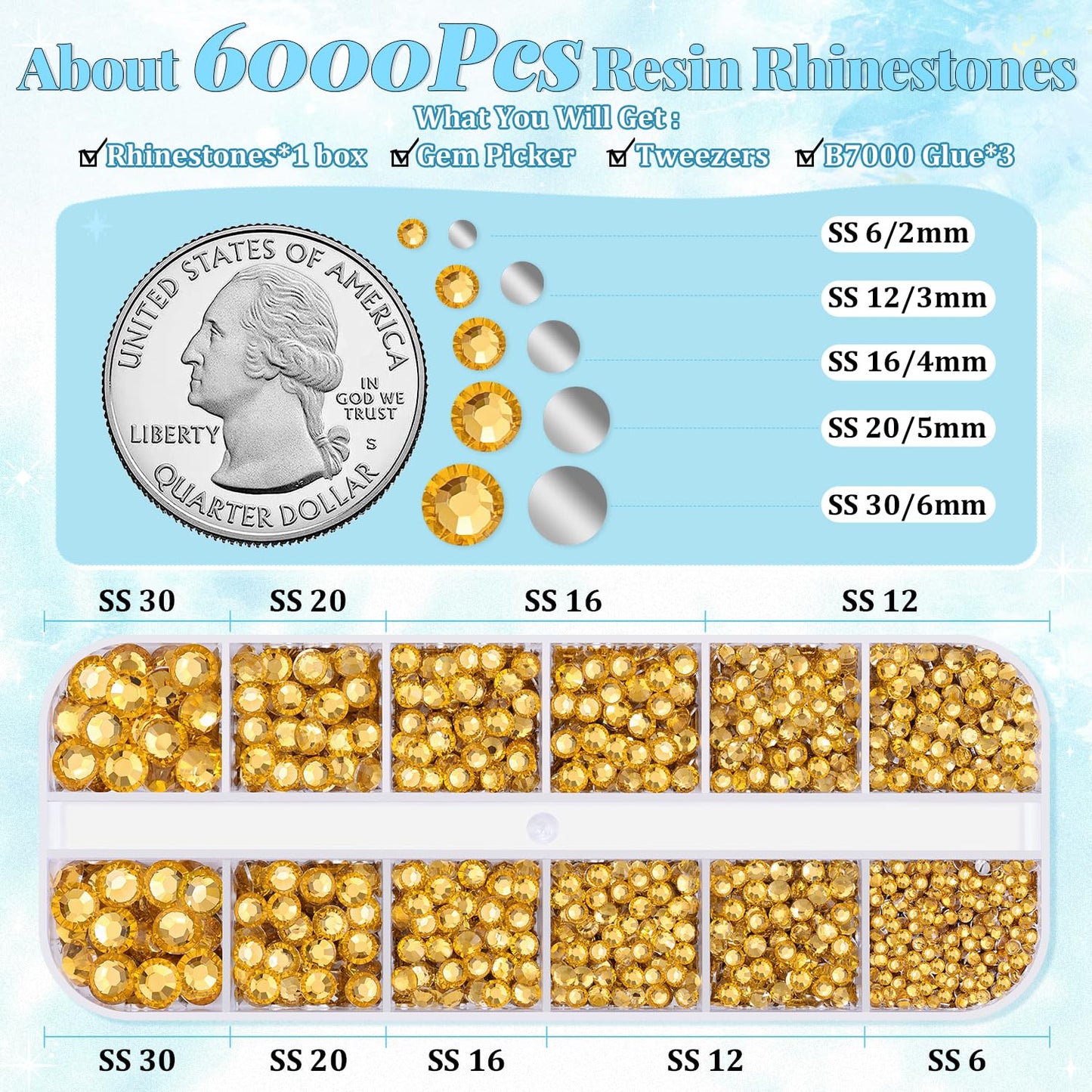 6000Pcs Resin Rhinestones for Bedazzling with 3Pcs B7000 Jewelry Glue, 1 Box Golden Flatback Rhinestones for Crafting Crafts DIY, Crystals Gems for Clothing Shoes Tumblers Nail Art Makeup-Velvo Beauty