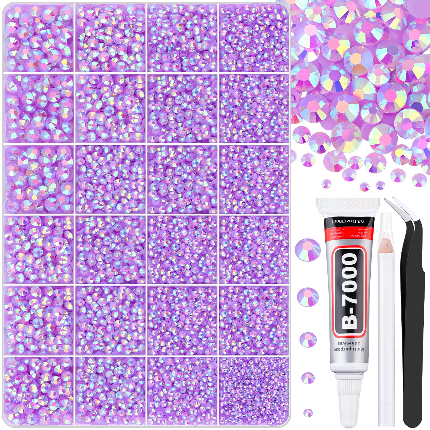 30000Pcs Lavender Purple AB Rhinestones for Bedazzling with B7000 Jewelry Glue, Bedazzler Kit Flatback Gems, Resin Rhinestones for Crafting Crafts Clothing Shoes Nail Art Assorted Size 2/3/4/5/6mm-Velvo Beauty