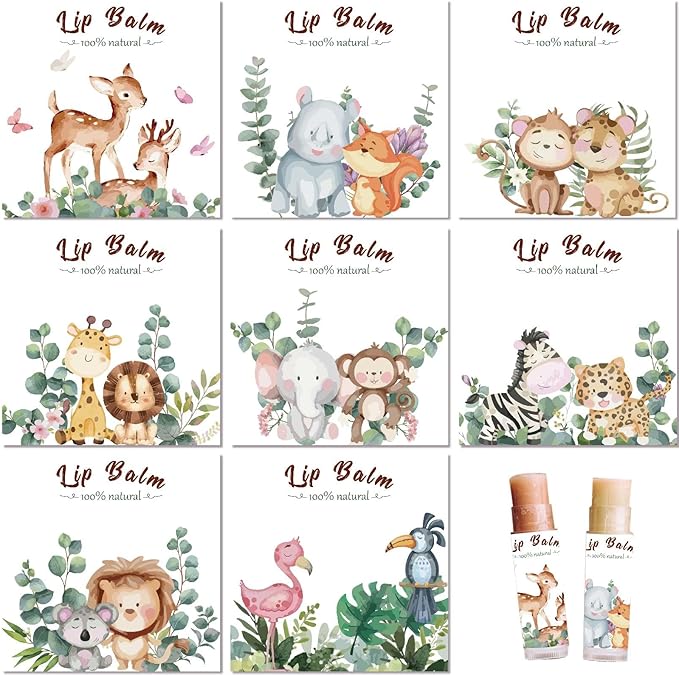 CRASPIRE 80Pcs 8 Styles Lip Balm Sticker Animals Self-Adhesive Cartoon Monkey Lion Homemade Lip Balm Containers Labels Vintage Square DIY Label Paper Sticker for Woman Cosmetics Lipsticks Decor-Velvo Beauty