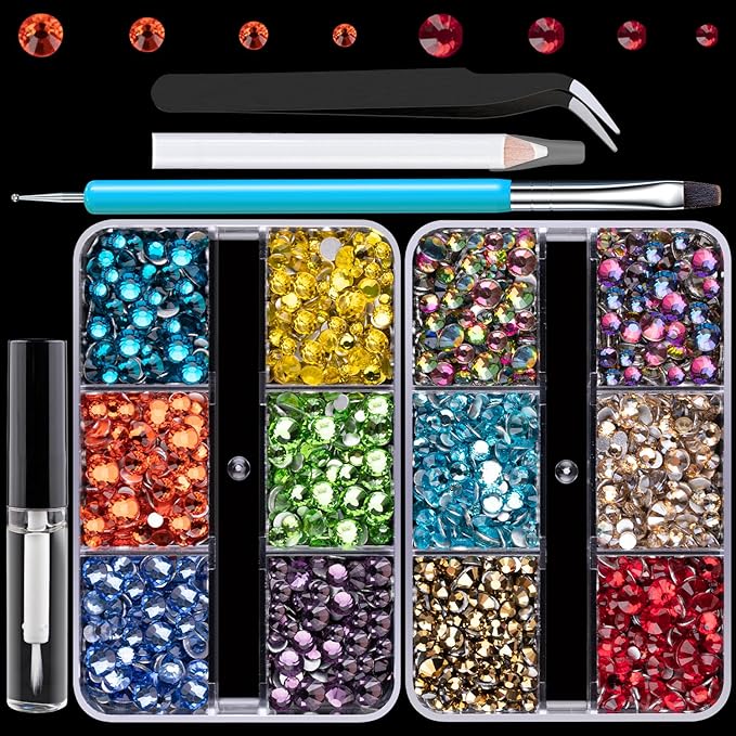 Colorful Face Gems for Makeup Set, Flatback Gorgeous Charming Mixed-Colored Chameleon Crystals with Makeup Glue+Picker Pencil+Tweezer+Dual-End Dotting Tool for Eye Body Hair Make-up and Nail Art Deco-Velvo Beauty