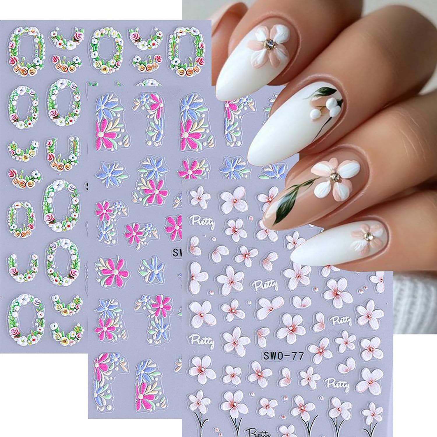 6 Sheets Flower Nail Art Stickers Rose Daisy Nails Art Decals 3D Self-Adhesive Nails Sticker Holographic Stereo Blossom Decal Decoration for Women Wreath Manicure Stickers DIY Nail Supplies-Velvo Beauty
