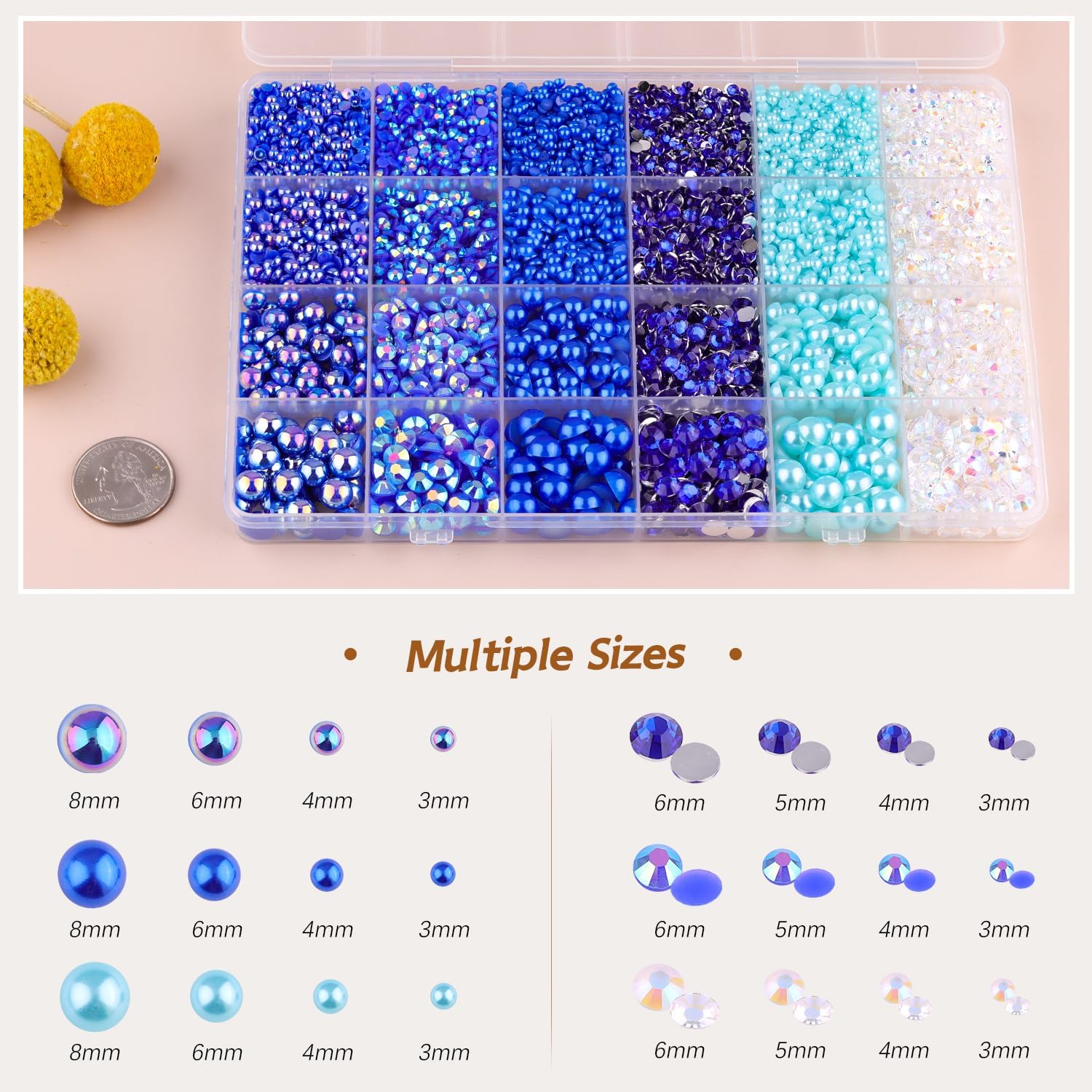 9000PCS Flatback Pearls and Rhinestones for Crafting, Dark Blue 3-10mm Resin Rhinestones and Half Pearls for Bedazzling, Nail Art and Dec with 3pcs B7000 Jewelry Glue, Tweezer and Pickup Pencil-Velvo Beauty