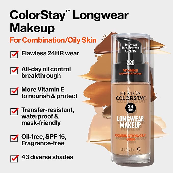 Revlon Liquid Foundation, ColorStay Face Makeup for Combination & Oily Skin, SPF 15, Medium-Full Coverage with Matte Finish, Pecan (510), 1.0 oz-Velvo Beauty