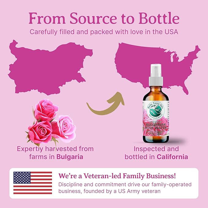Bella Terra Oils - Organic Rose Water Mist 4 oz - Capture The Bulgarian Rose Essence, Perfect as a Gentle Rosewater Face Mist, Free from Synthetics-Velvo Beauty
