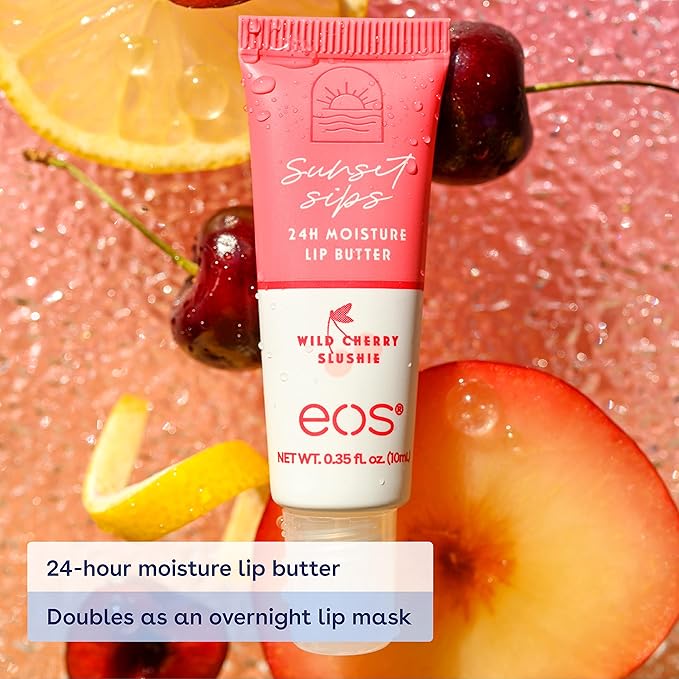 eos Sunset Sips Lip Butter Tube- Wild Cherry Slushie, 24-Hour Moisture, Overnight Lip Mask, Lip Care Products, 0.35 fl oz-Velvo Beauty
