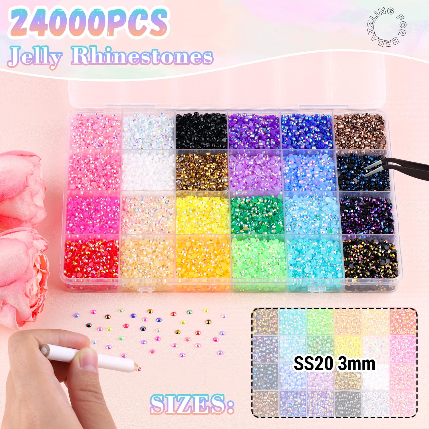 24000Pcs Resin Rhinestones for Bedazzling with B7000 Jewelry Glue, Colorful 3mm Non Hotfix Flatback Gems, Rhinestones for Crafting DIY Crafts Clothing Tumblers Mugs Shoes Fabric Decor Nail Art-Velvo Beauty