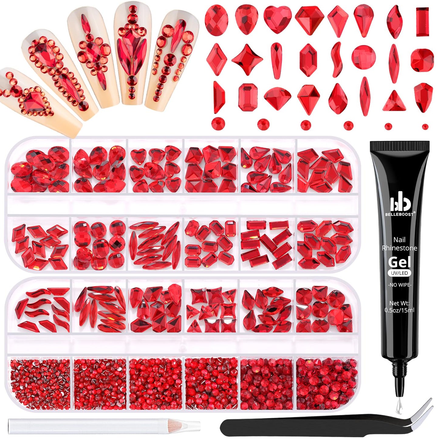 1680Pcs Red Glass Nail Rhinestones 180Pcs Multi Shapes Flatback Nail Gems + 1500Pcs 1.5-4mm Round Crystal with Rhinestones Glue Gel, Manicure Nail Charms Diamond Gemstones for Nail Art-Velvo Beauty