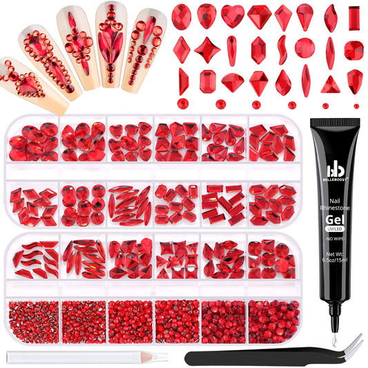 1680Pcs Red Glass Nail Rhinestones 180Pcs Multi Shapes Flatback Nail Gems + 1500Pcs 1.5-4mm Round Crystal with Rhinestones Glue Gel, Manicure Nail Charms Diamond Gemstones for Nail Art-Velvo Beauty