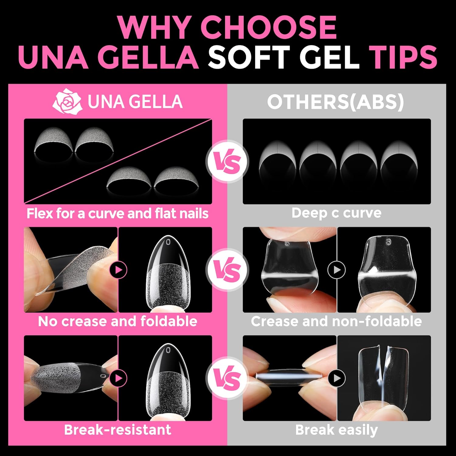 UNA GELLA Almond Nail Tips, 216pcs Pointed Almond Gel Nail Tips Pre-shape Half Matte Full Cover Clear Acrylic Soft Gel Fake Nails for Nail Extension Nail Art 12 Sizes-Velvo Beauty