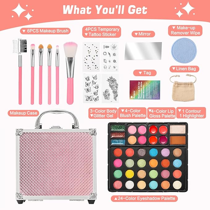 Anpro All-In-One Makeup Carry Case with Pro Teen Makeup Set, Full Starter Cosmetics Kit with Makeup Brushes, Eye Shadows Palette, Blushes, Glitter Gel, Temporary Tattoo Stickers - Blue-Velvo Beauty