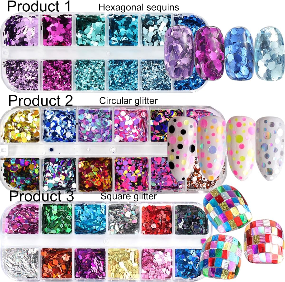3 Boxes 36 Grids Holographic Nail Art Sequins Mermaid Hexagon Round Square Nail Glitter Decoration,DIY Chunky Holographic Supplies 3D Laser Flakes Sparkly Acrylic-Velvo Beauty