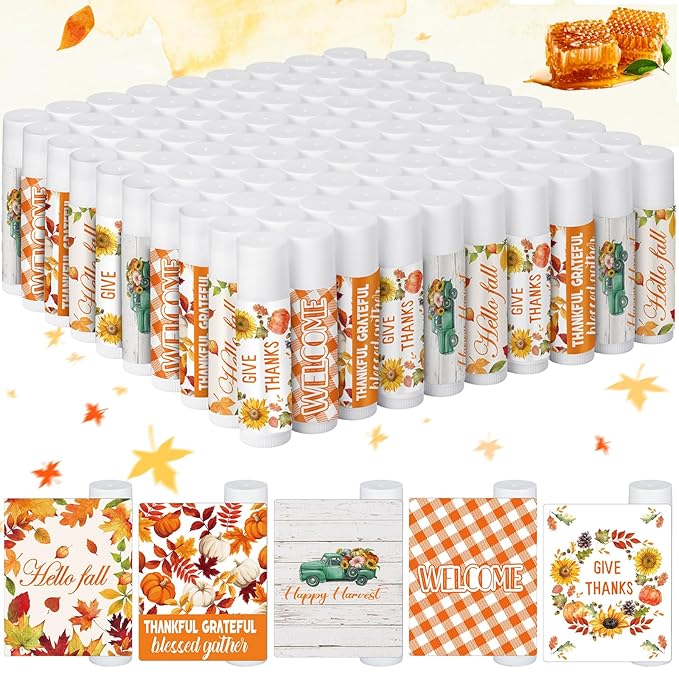 Dunzy 100 Pack Hello Fall Thanksgiving Party Gifts Bulk Lip Balms Favors Employee Appreciation Gifts Thank You Gifts Team Inspirational Gifts for Women Men Coworkers Satff Teachers(Thanksgiving)-Velvo Beauty